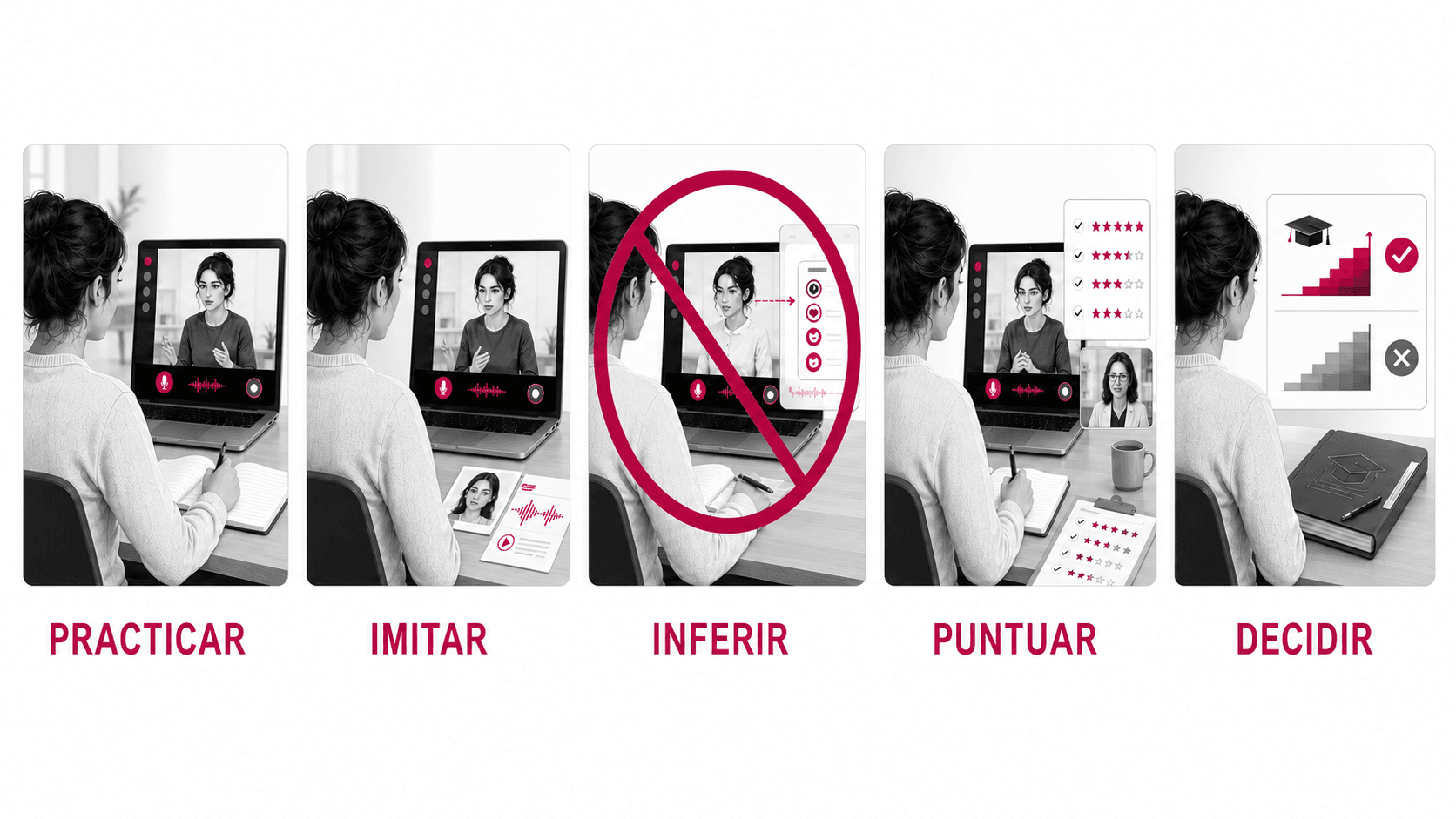 Cinco versiones de una entrevista educativa acumulan obligaciones: práctica con aviso de IA, imitación de una persona con revelación de ultrafalsificación, inferencia emocional prohibida, puntuación académica de alto riesgo y decisión de nivel o admisión.
