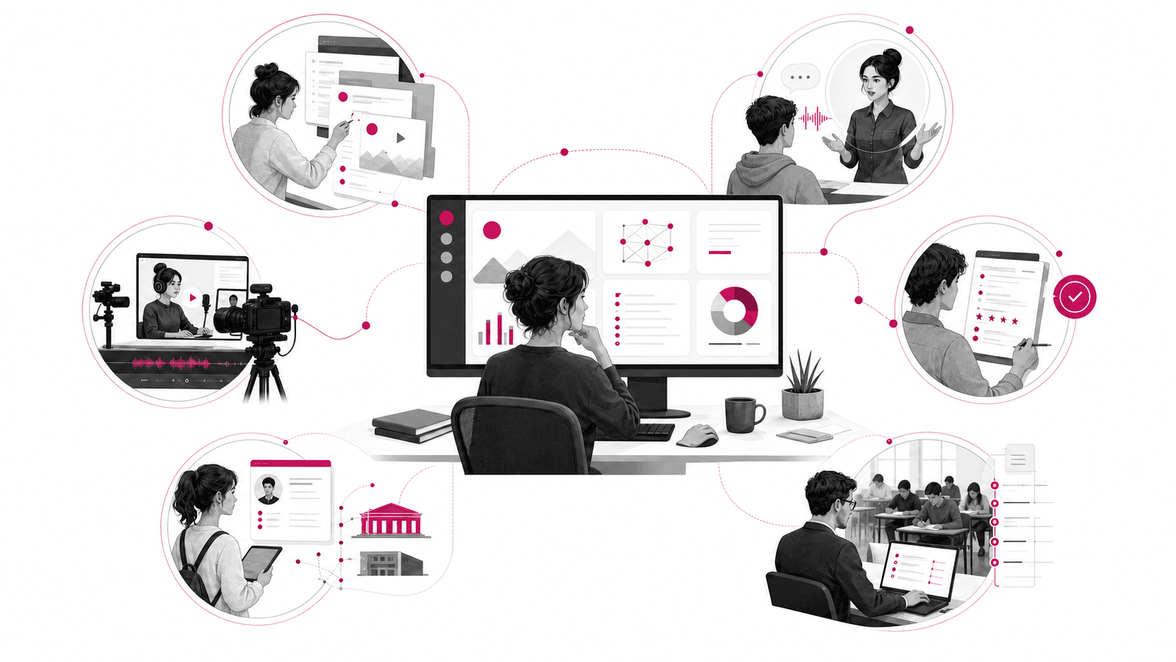 Mapa de una plataforma EdTech que conecta la creación de cursos, los tutores, la evaluación, los medios sintéticos, la admisión y la vigilancia con sus decisiones de cumplimiento.