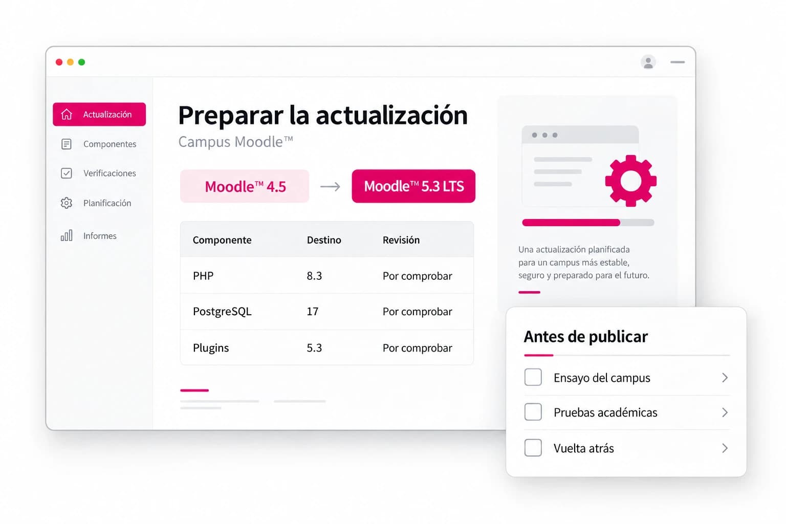 Preparación de la actualización de Moodle 4.5 a 5.3 LTS: requisitos, plugins, ensayo y recuperación por comprobar.