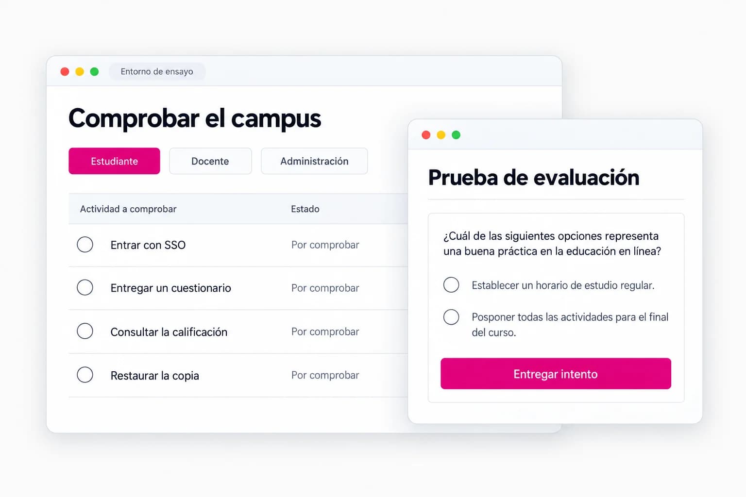 Pruebas por rol de acceso, evaluación, consulta de calificación y recuperación del campus.