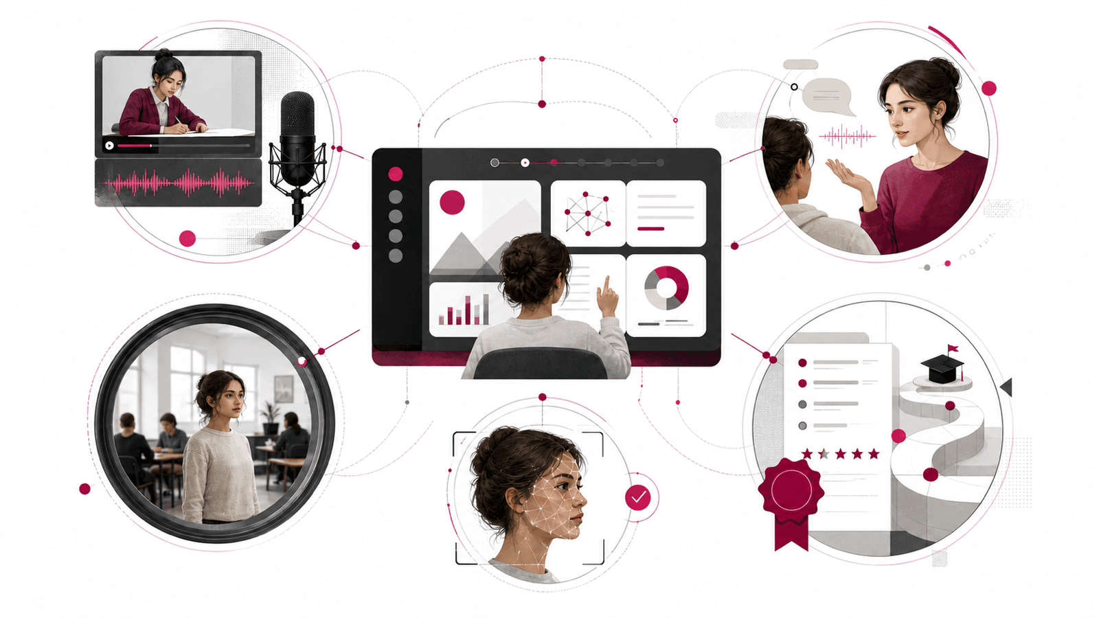 Una plataforma educativa conecta un archivo audiovisual, una conversación con un avatar, una escena que podría parecer auténtica, un análisis biométrico y una evaluación del alumno.