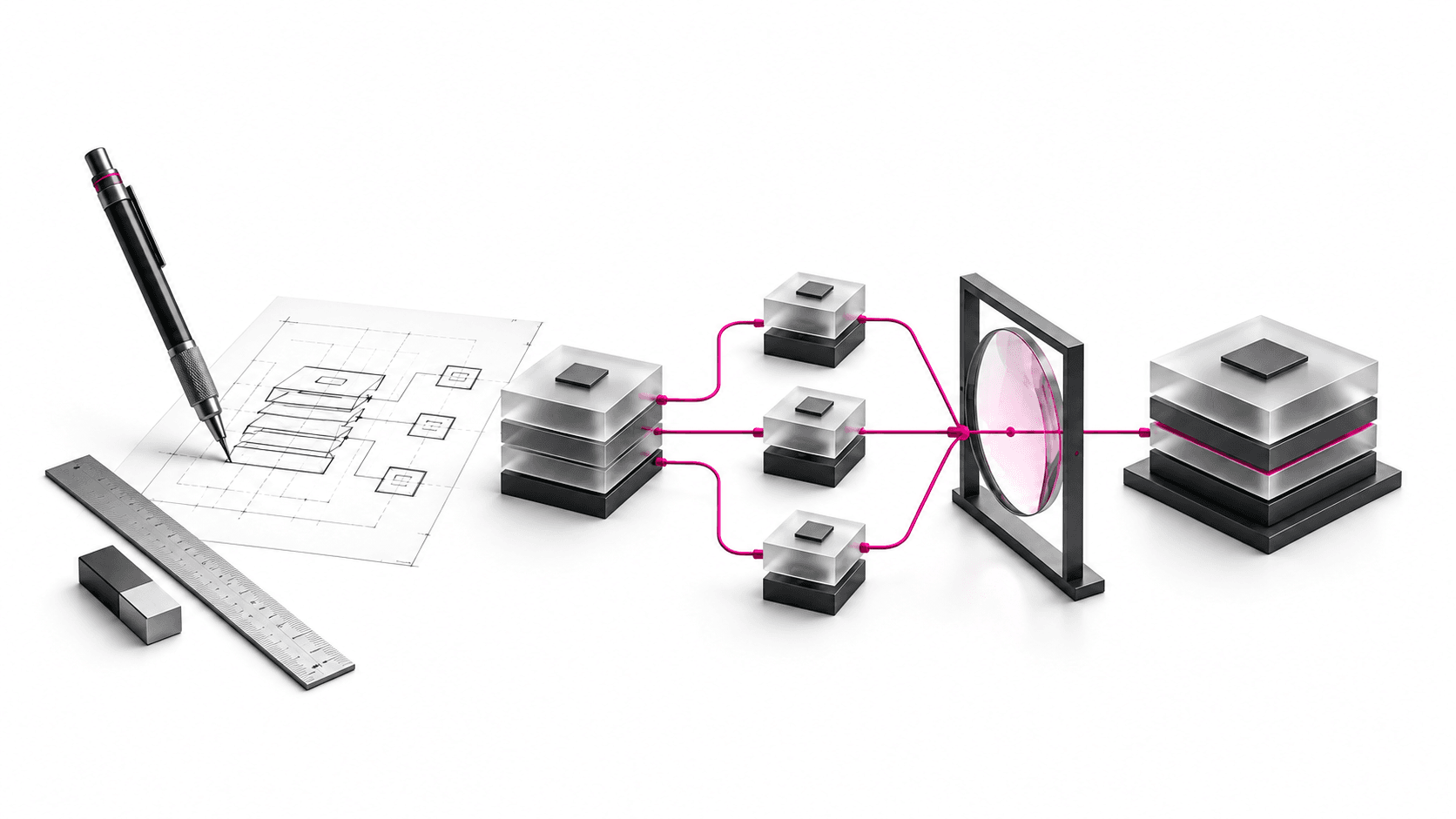 Un instrumento de dibujo organiza módulos de software conectados en magenta que convergen en una lente de inspección antes de formar una solución integrada.