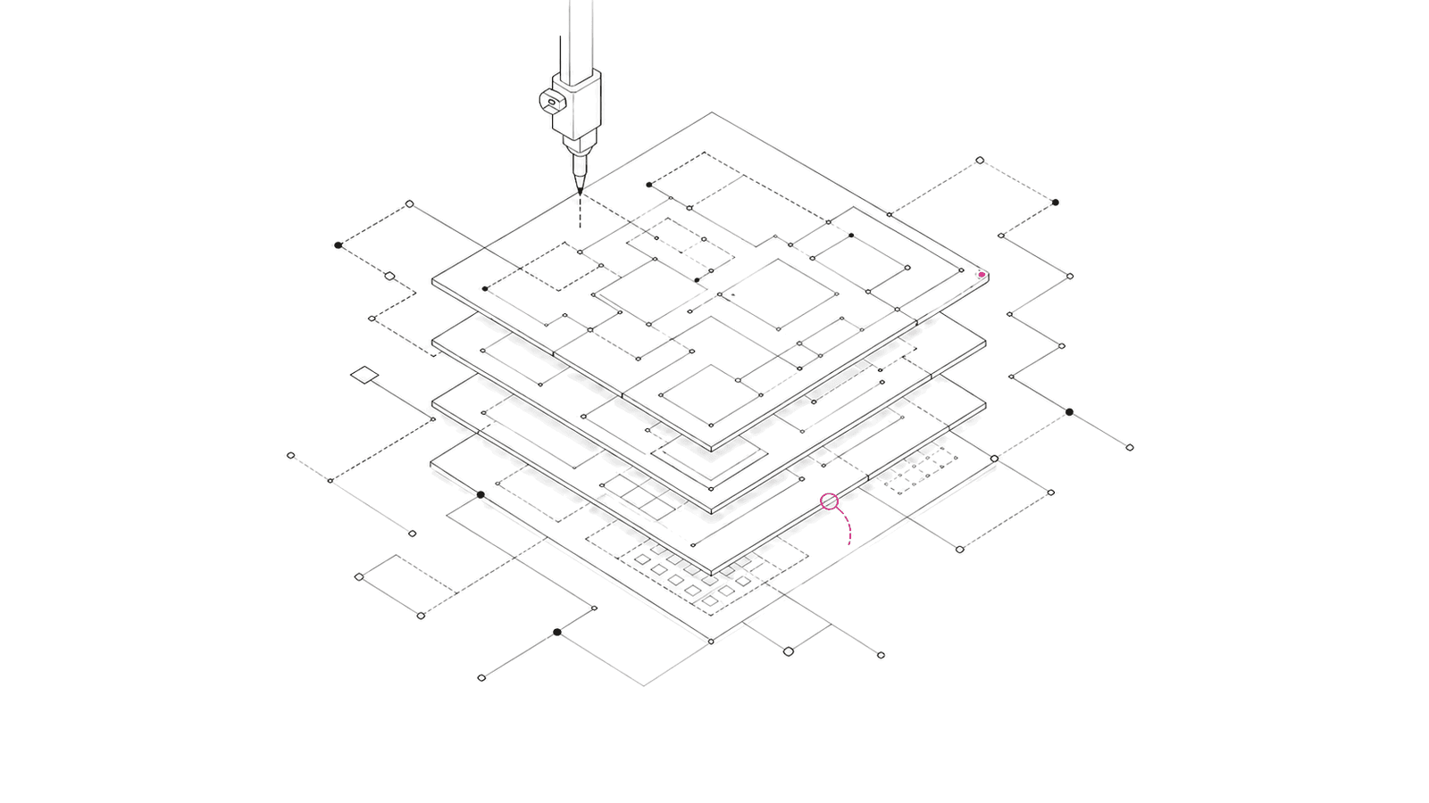 Un cabezal automático construye un artefacto de software en capas; una anotación magenta señala una conexión revisada.