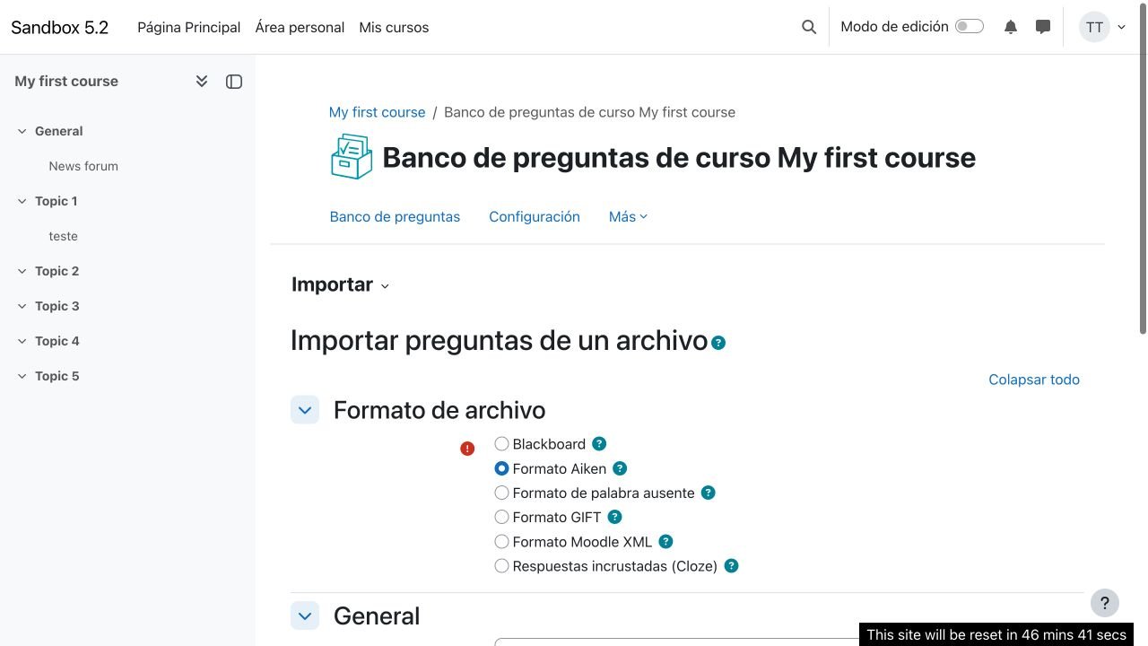 Pantalla real de Moodle Sandbox 5.2 en español. Dentro de Importar preguntas de un archivo aparece seleccionado Formato Aiken; también se muestran Blackboard, palabra ausente, GIFT, Moodle XML y Cloze.