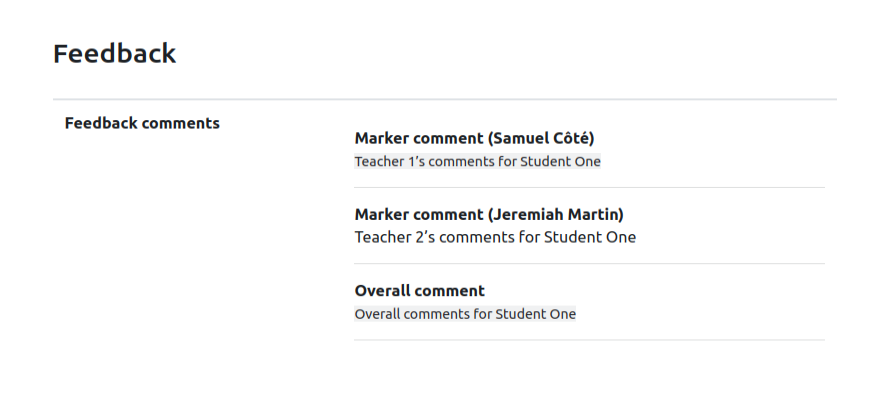Vista del estudiante de una tarea con los comentarios de dos correctores y un comentario global.