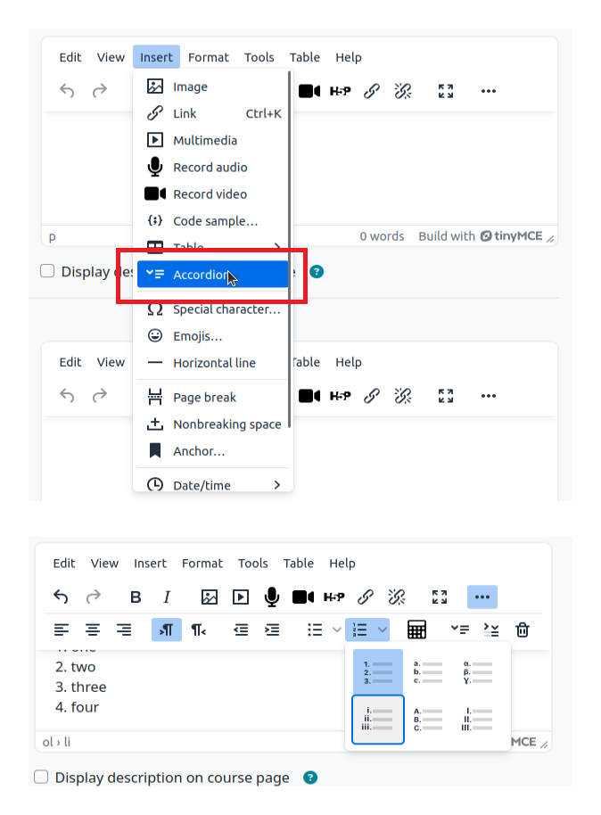 Editor de contenidos de Moodle con las opciones para insertar apartados desplegables y elegir estilos de lista.