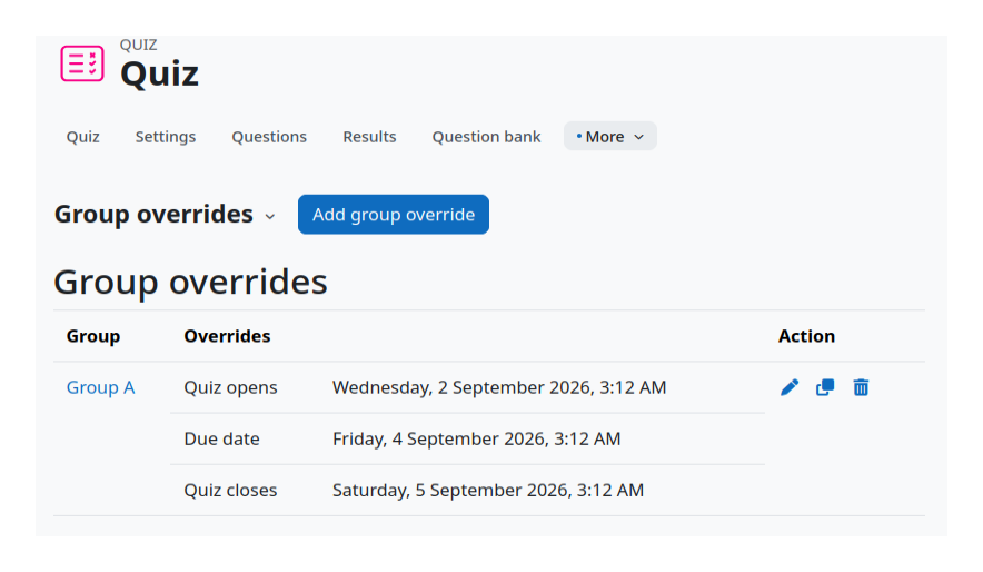 Excepción de un grupo en un cuestionario de Moodle con fechas separadas de apertura, entrega y cierre.