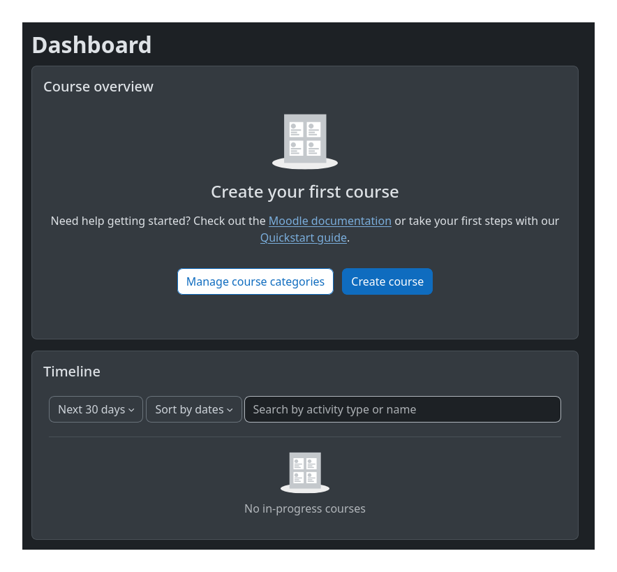Área personal de Moodle en modo oscuro con los bloques de cursos y línea de tiempo.