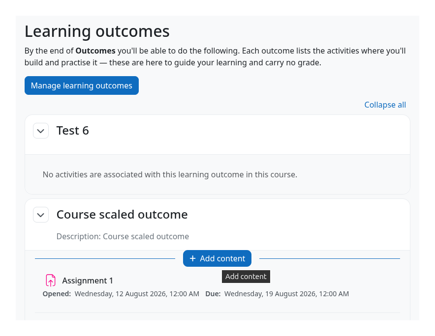 Página de resultados de aprendizaje de un curso de Moodle con los resultados y las actividades asociadas.